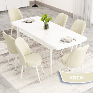 Nix Serisi Açılabilir 70x114 Beyaz Mutfak Masası Takımı Ve 6 Krem Sandalye Krem