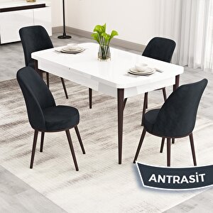 Nix Serisi Açılabilir 70x114 Beyaz Masa Ceviz Ayak Mutfak Masası Takımı Ve 4 Antrasit Sandalye Antrasit