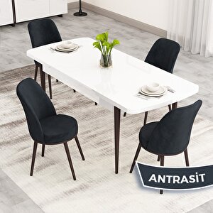 Nix Serisi Açılabilir 70x114 Beyaz Masa Ceviz Ayak Mutfak Masası Takımı Ve 4 Antrasit Sandalye Antrasit