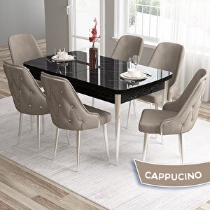 Tia Serisi Açılabilir 80x132 Siyah Mermer Desen Mdf Mutfak Masası Takımı Ve 6 Cappucino Sandalye Gümüş Detay Cappucino