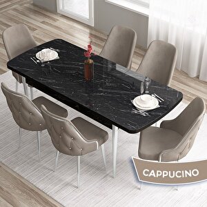 Tia Serisi Açılabilir 80x132 Siyah Mermer Desen Mdf Mutfak Masası Takımı Ve 6 Cappucino Sandalye Gümüş Detay Cappucino