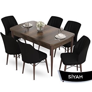 Fer Serisi 70x114 Açılabilir Barok Ahşap Desen Masa Takımı Ve 6 Siyah Sandalye Siyah