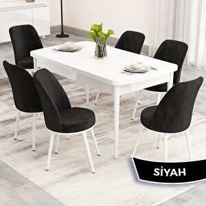 Nix Serisi Açılabilir 70x114 Beyaz Mutfak Masası Takımı Ve 6 Siyah Sandalye Siyah