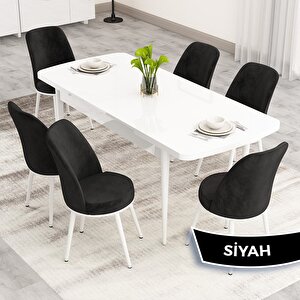 Nix Serisi Açılabilir 70x114 Beyaz Mutfak Masası Takımı Ve 6 Siyah Sandalye Siyah