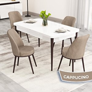 Nix Serisi Açılabilir 70x114 Beyaz Masa Ceviz Ayak Mutfak Masası Takımı Ve 4 Cappucino Sandalye Cappucino