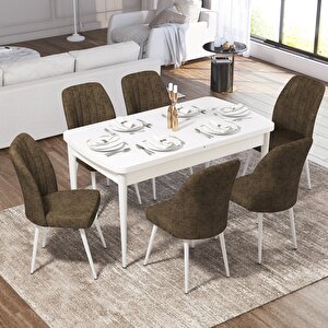 Ege Serisi 70x114 Açılabilir Beyaz Mermer Desen Mutfak Masa Takımı Ve 6 Kahverengi Sandalye