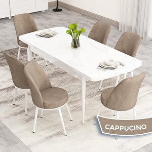 Nix Serisi Açılabilir 70x114 Beyaz Mutfak Masası Takımı Ve 6 Cappucino Sandalye Cappucino