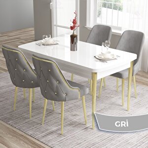 Tia Serisi Açılabilir 80x132 Beyaz Mdf Mutfak Masası Takımı Ve 4 Gri Sandalye Gold Detay Gri