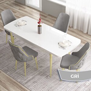 Tia Serisi Açılabilir 80x132 Beyaz Mdf Mutfak Masası Takımı Ve 4 Gri Sandalye Gold Detay Gri