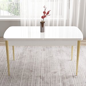 Tia Serisi Açılabilir 80x132 Beyaz Mdf Mutfak Masası Takımı Ve 4 Krem Sandalye Gold Detay Krem