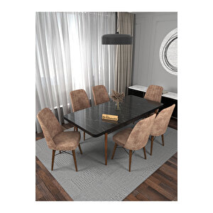 Riff Serisi , 80x130 Kapalı 80x170 Açılabilir Siyah Mermer Mutfak Masa Takımı 6 Cappucino Sandalye