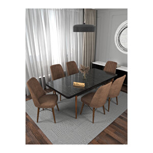 Riff Serisi , 80x130 Kapalı 80x170 Açılabilir Siyah Mermer Mutfak Masa Takımı 6 Kahverengi Sandalye Kahverengi