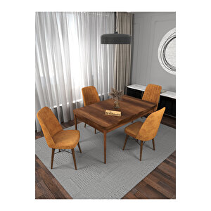 Kaffa Home Riff Barok 80x130 Açılabilir Masa, Yemek Masası, Mutfak Masası , Masa Takımı, 4 Kişilik Masa Sandalye Takımı - Hardal Hardal