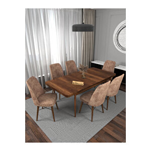 Kaffa Home Riff Barok 80x130 Açılabilir Masa, Yemek Masası, Mutfak Masası , Masa Takımı, 6 Kişilik Masa Sandalye Takımı - Cappucino