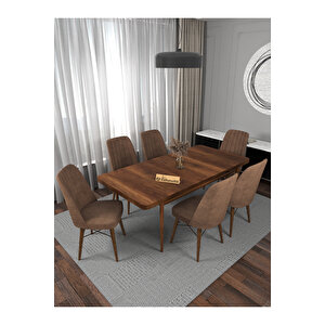 Kaffa Home Riff Barok 80x130 Açılabilir Masa, Yemek Masası, Mutfak Masası , Masa Takımı, 6 Kişilik Masa Sandalye Takımı - Acı Kahve