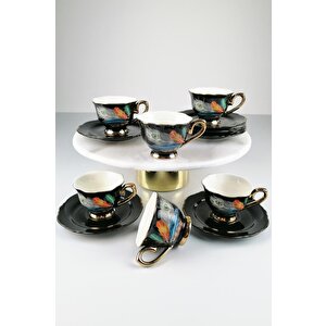 Porselen 6 Lı Kuş Tüyü Desenli Siyah Fincan Takımı