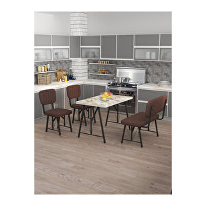 Hayat 70x110 Beyaz Mutfak Masası, Mutfak Masası Takımı, Yemek Masası, 2 Sandalye 1 Bench - Kahverengi