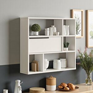 Mutfak Salon Duvar Rafı Kitaplık 90cm Kapaklı Beyaz
