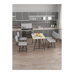 Hayat 70x110 Beyaz Mutfak Masası, Mutfak Masası Takımı, Yemek Masası, 2 Sandalye 1 Bench - Açık Gri