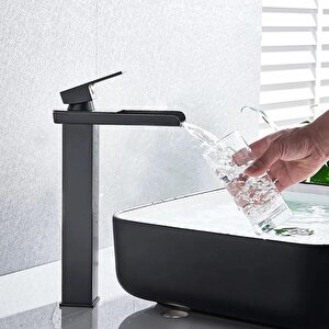 Siyah Kare Çanak Lavabo Bataryası Şelale Model Uzun/yüksek Lavabo Musluğu Çift Girişli Armatür