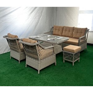 Eze Rattan  3+1+1+2 Puf+Masa Rattan Bahçe Balkon Mobi̇lyası, Vi̇zon