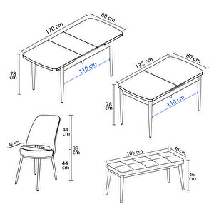 Marin Beyaz Mermer Desen 80x132 Suntalam Açılabilir Mutfak Masası Takımı 4 Sandalye, 1 Bench