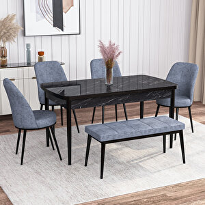 Marin Siyah Mermer Desen 80x132 Suntalam Açılabilir Mutfak Masası Takımı 4 Sandalye, 1 Bench