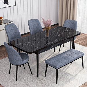 Marin Siyah Mermer Desen 80x132 Suntalam Açılabilir Mutfak Masası Takımı 4 Sandalye, 1 Bench