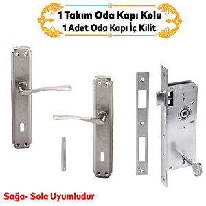 Kumru Nikel Saten Oda Kapı Kolu + Hok Er-40 Ekstra Gömme Kilit İç Kapı Oda Kilidi Rulmanlı Köşeli 40 Mm Takım
