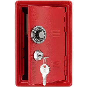 Büyük Boy Kilitli Kasa Kumbara Anahtarlı Mini Metal Para Kasası 18x12x10cm Dekoratif Kırmızı