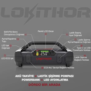 Lokithor Ja301 12v 2000amp Li-polimer Akıllı Akü Takviye + Pompa + Powerbank + Led Lamba