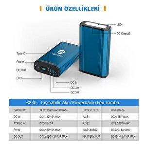 Acopower X230 14.8volt 13amper Li-ion Yedek Buzdolabı Aküsü + Powerbank + Led Lamba