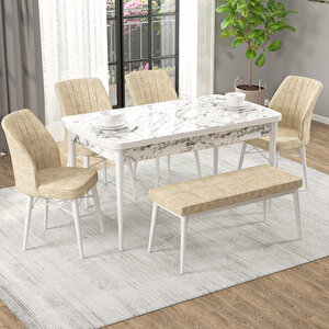 Novana Beyaz Mermer Desen 80x132 Suntalam Açılabilir Mutfak Masası Takımı 4 Sandalye, 1 Bench