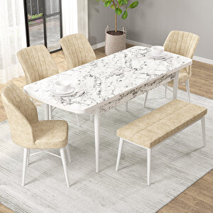 Novana Beyaz Mermer Desen 80x132 Suntalam Açılabilir Mutfak Masası Takımı 4 Sandalye, 1 Bench