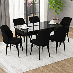 Novana Siyah Mermer Desen 80x132 Suntalam Açılabilir Mutfak Masası Takımı 6 Adet Sandalye