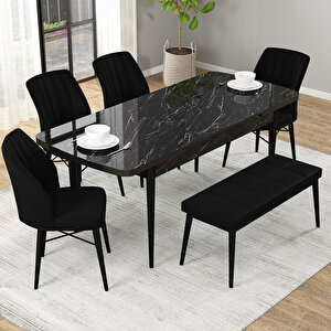 Novana Siyah Mermer Desen 80x132 Suntalam Açılabilir Mutfak Masası Takımı 4 Sandalye, 1 Bench