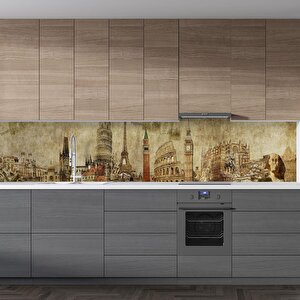 Mutfak Tezgah Arası Folyo Fayans Kaplama Folyosu Mimari Kolaj 60x300 cm