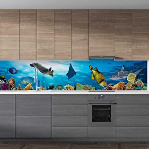 Mutfak Tezgah Arası Folyo Fayans Kaplama Folyosu Deniz Kaplumbağa 60x400 cm 