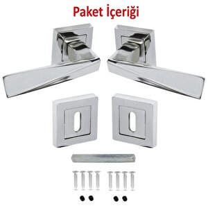 Penta Nikel Saten Kare Rozetli Oda Kapı Kolu (1 Takim: 2 Adet Kol + 2 Adet Rozet + Bağlantı Demiri)