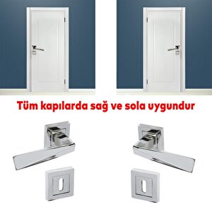 Penta Nikel Saten Kare Rozetli Oda Kapı Kolu (1 Takim: 2 Adet Kol + 2 Adet Rozet + Bağlantı Demiri)