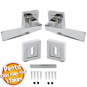 Penta Nikel Saten Kare Rozetli Oda Kapı Kolu (1 Takim: 2 Adet Kol + 2 Adet Rozet + Bağlantı Demiri)