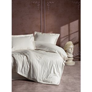 Elegant Stripe Saten Çift Kişilik Nevresim Takımı Ekru
