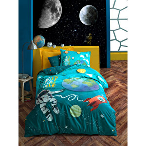 Junior Tek Kişilik Lastikli Çarşaflı Nevresim Takımı Little Astronaut Turkuaz