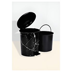 Paslanmaz Metal Siyah Mermer Desen Ikili Banyo Seti (büyük Boy Çöp Kovası-tuvalet Fırçası)