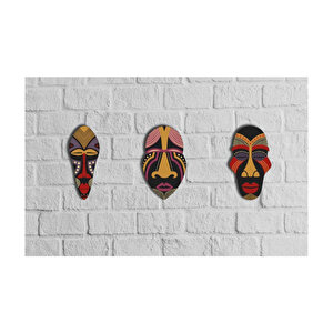 Dekoratif Üçlü Ahşap Tablo Otantik Maske Kabile Mask Süs