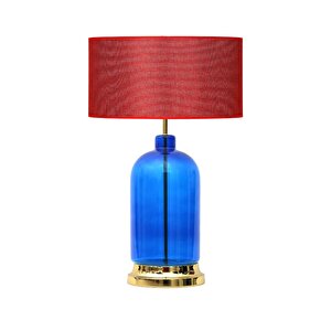 Rouen Gold Detaylı   Mavi Cam Abajur - Hasır Koyu Kırmızı