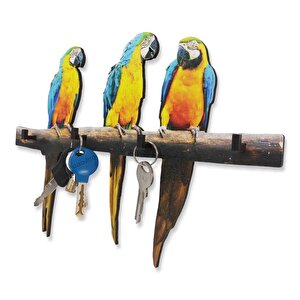 Cajuart Dal Üstünde Üç Renkli Papağan Anahtarlık Hol Duvar Askılık Süs