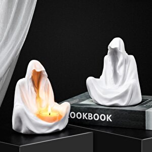 Dekoratif Ghost Hayalet Figürlü Tealight Mumluk Ev Dekoru Ofis Dekoru Süs Beyaz