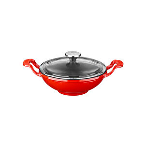 Döküm Mini Wok Yekpare Kulplu Cam Kapaklı Çap(ø)16cm. Kırmızı