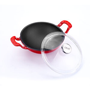 Döküm Mini Wok Yekpare Kulplu Cam Kapaklı Çap(ø)16cm. Kırmızı